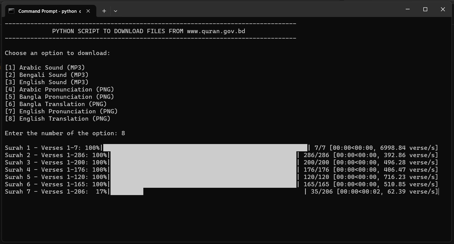 A screenshot showing the script is executing in command prompt.